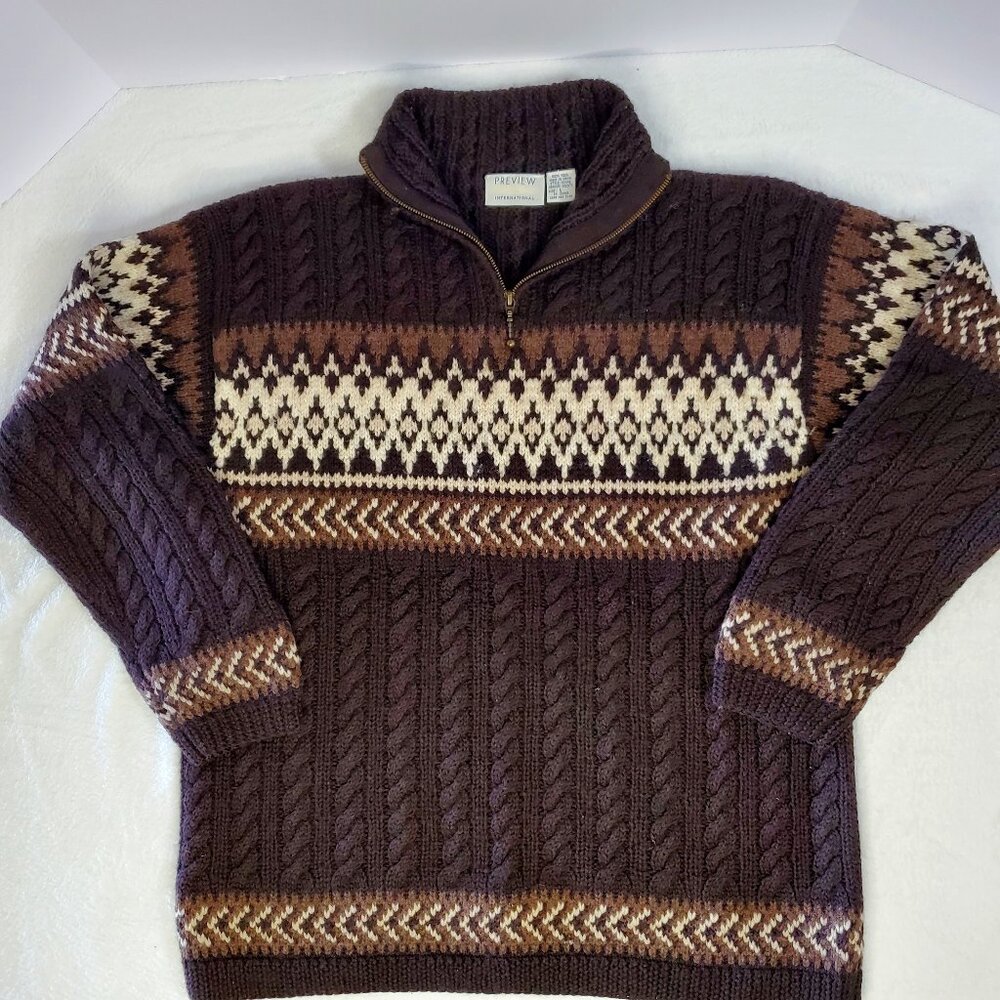 Preview International Brown Cable Knit Sweater 100% Wool Size Large
